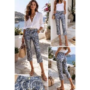 Etro Women's Blue Paisley Print Cropped Trousers 42